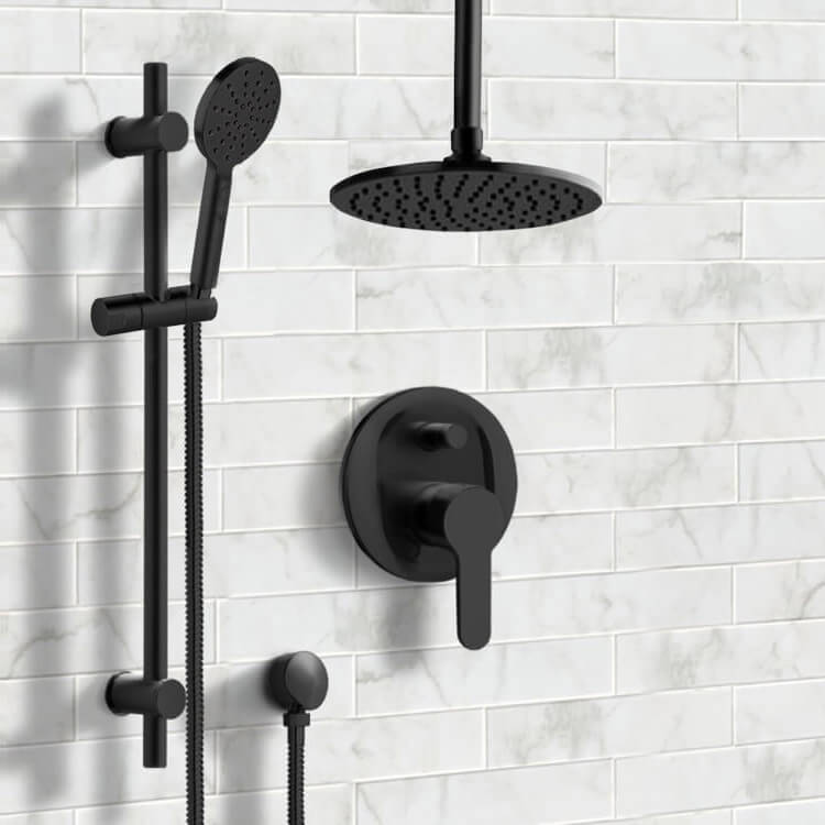Remer SFR59 Matte Black Ceiling Shower Set with 8 Inch Rain Shower Head and Multi Function Hand Shower